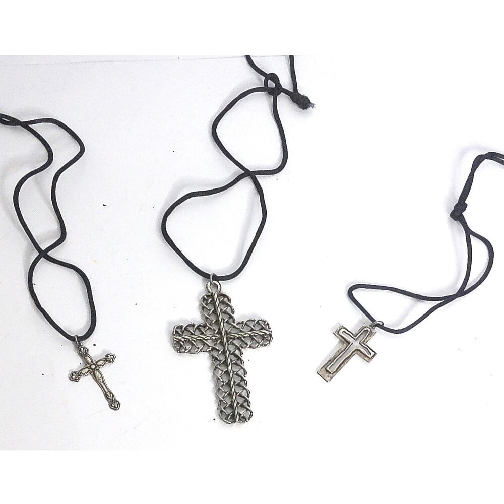 Vintage Chainmaille Cross Pendant on Black Cord And Assorted Set Of 3